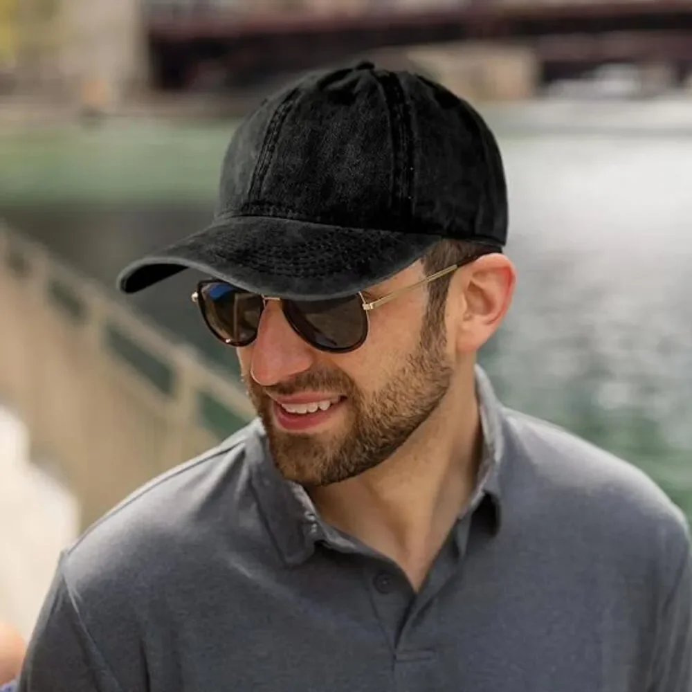 Unisex Black Washed 100%Cotton Adjustable Size Strap Casual Classic Baseball Cap